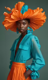 a woman standing with an orange hat and blue dress