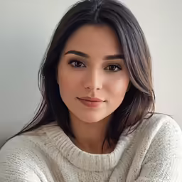 the woman in the sweater looks at the camera
