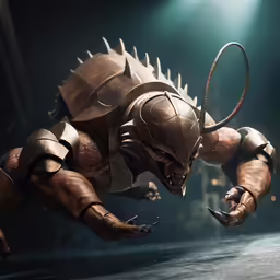 a stylized demon creature flying across the floor