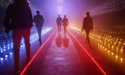 a group of people walking on a bridge with lots of candles