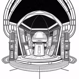 the design for a drawing of an entry way in space,some kind of futuristic spaceship, but in black and white