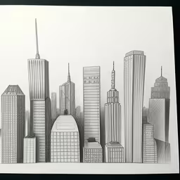 a black and white drawing of a cityscape,this is an image of a pencil drawing of buildings
