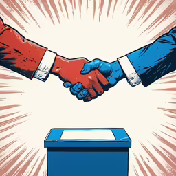 two men shaking hands in front of a box