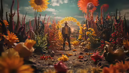a man standing on a trail of flowers