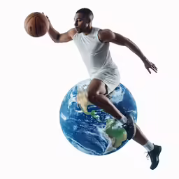 a man in white shirt holding a basketball on the top of a world