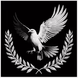 a bird in a black and white photo with a laurel around it
