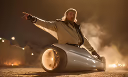a man standing with his arms outstretched riding a motorized vehicle