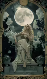 an image of a woman sitting in front of a moon