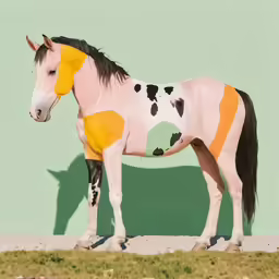 this is an image of a painted horse in front of a wall