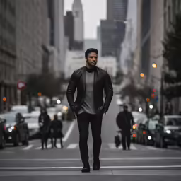 a man stands on the corner in the middle of the street