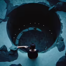 woman standing in front of a round structure with rocks