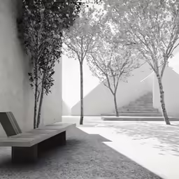 a bench in front of some trees and stairs