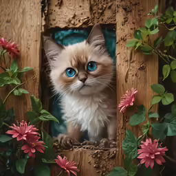 a kitten is in a box surrounded by flowers
