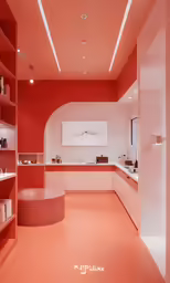 a pink kitchen has open shelves and drawers