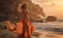 a woman wearing an orange dress standing in the sand on the beach