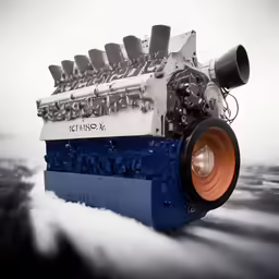 a blue engine with a metal handle and yellow knobs