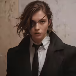 a woman in a suit and tie is wearing big hoop earrings