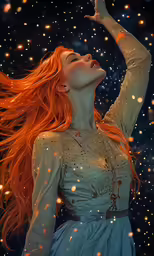 woman with bright red hair wearing a white dress with snowy stars flying in the background