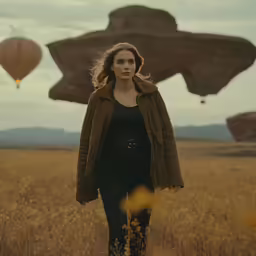 the woman is walking through the tall grass