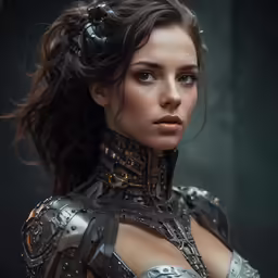 a model in a futuristic dress poses for a photograph