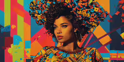 a woman with lots of hair standing in front of a wall,a woman in a colorful dress and big earrings
