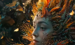 a girl with some feathers on her head and a tree branch in front of her