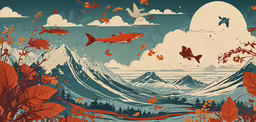 fish in a lake surrounded by trees and mountains,a painting of fish swimming near a cliff