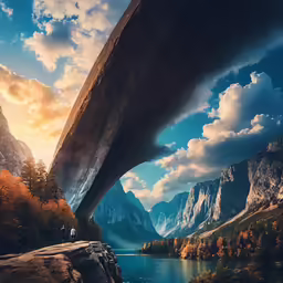 an artistic view of a river and mountains with the sun setting