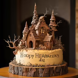 a white cake with brown decorations sits on a table