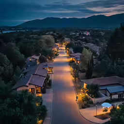 an aerial view of some lights on a street