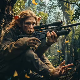 a demon like man in the woods holding a machine gun