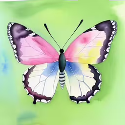 a butterfly is sitting on top of the green sheet,this is an image of a butterfly on green paper,a painting of a pink, blue, and yellow butterfly,a small pink butterfly is sitting on green paper,a painted picture with an image of a butterfly on it