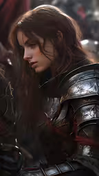 a woman in armor looking off to the side,a close up of a person in armor