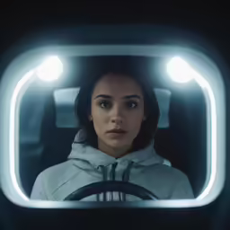 a woman in grey sweatshirt looking out the window