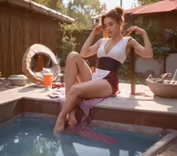 a beautiful woman sitting on a ledge near a pool