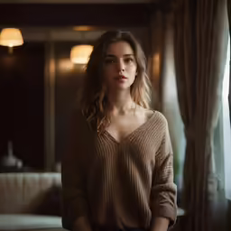 a woman stands in front of a window in a dimly lit room
