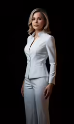 a woman posing in white pantsuits for a photo