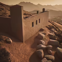 an adobe building is standing on a hill in the desert