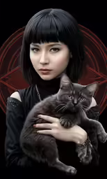 a woman is holding a black cat while wearing gothic clothing