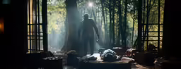 a man standing in a dark forest