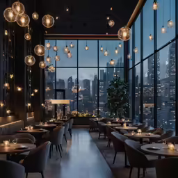 a restaurant with many tables and chairs next to a large window