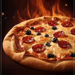 a pizza is sitting on fire with various toppings