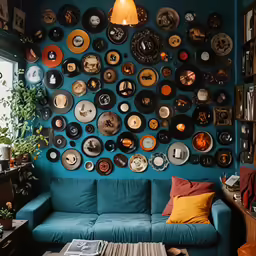 a blue couch sitting next to a window and wall covered in circular clocks