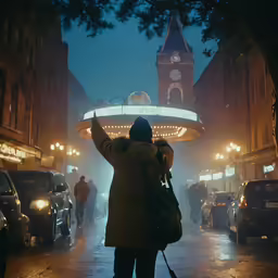 a woman is holding an umbrella and taking pictures in the rain