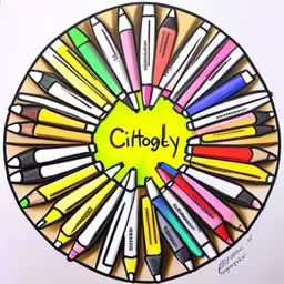 a round drawing with words cittogly on it,a circle with a name written inside it,a drawing of crayons in the middle of a circle,a circular picture with crayons in it that reads citoby,a circle of crayons with the word citboly on them