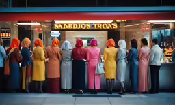 a group of women standing in front of a store window
