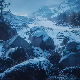 there is a mountain and snow covered landscape with rocks and pine trees