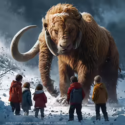 a family looking at an animal in the snow
