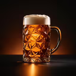 a mug of beer with foamy content sits on a reflective surface