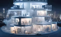 a futuristic clock tower in the city with people standing on it